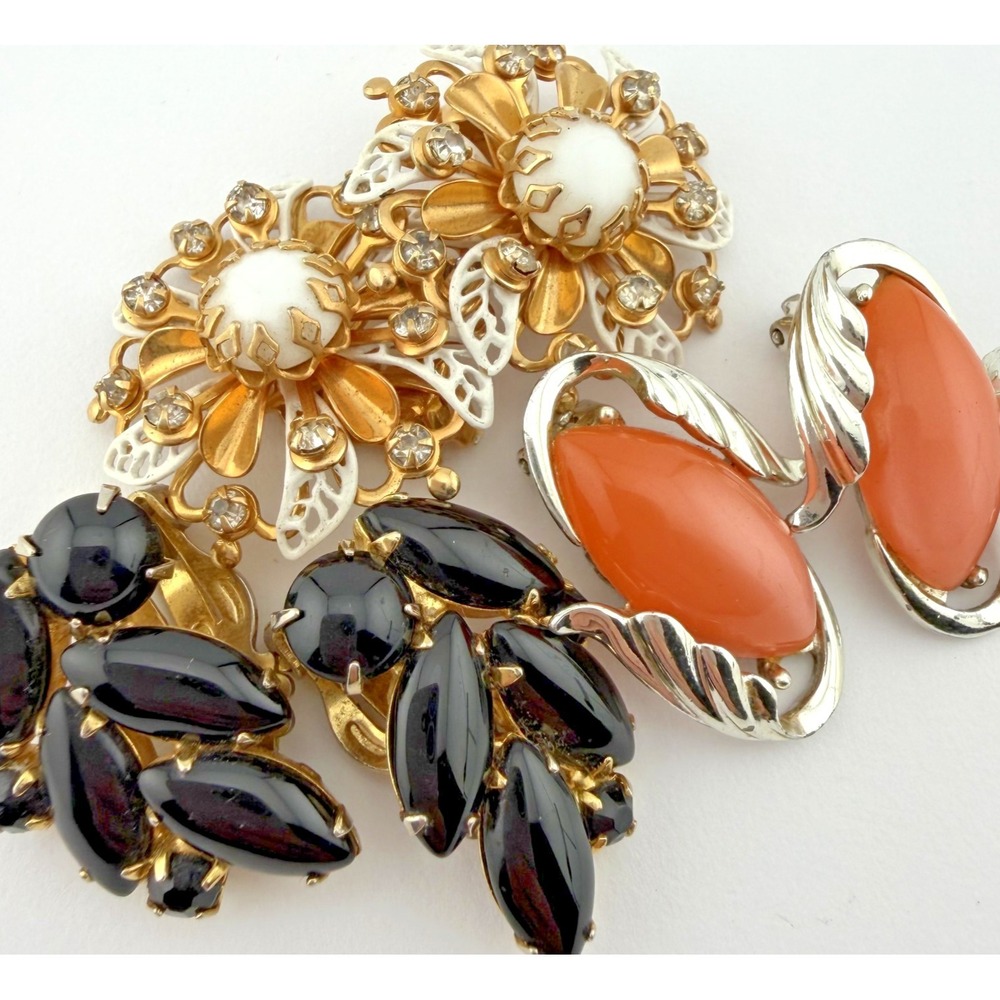 Vtg Signed Designer Clip On Earring Lot 3 Kramer Flower Charel Faux Coral Black